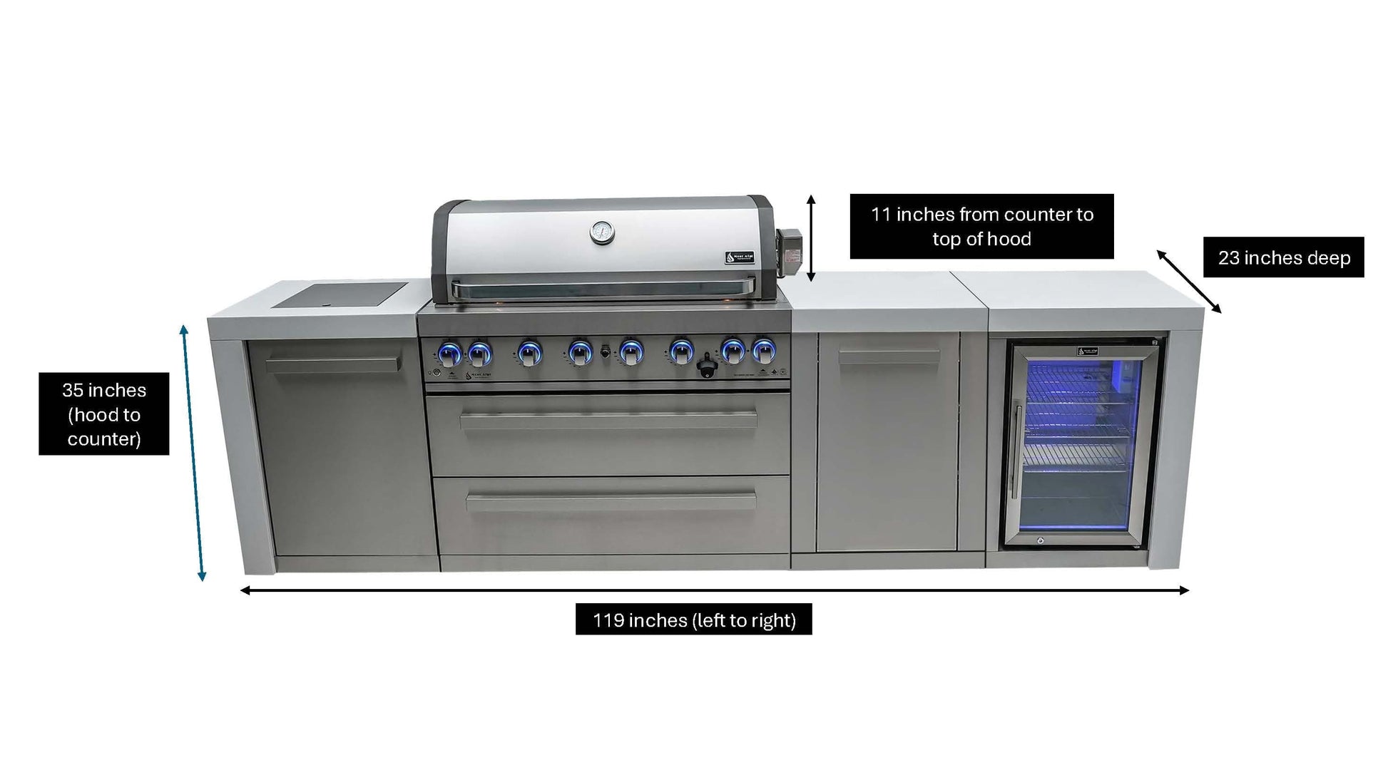 Mont Alpi Islands Mont Alpi 805 XL Deluxe Island with Fridge Cabinet / 6-Burner Grill, 2 Infrared Burners, Fridge, Storage Cabinet, Stainless Steel  / MAi805-DFCXL
