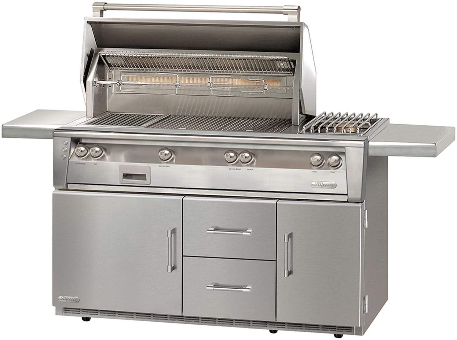 Alfresco Grills Natural Gas Alfesco 56 Inch Grill with&nbsp; Grilling Surface, Three&nbsp; Main Burners, Infrared Sear Zone, Side Burner, Integrated Rotisserie, Smoker and Herb Infuser System, 3-Position Warming Rack, Halogen Lighting and Refrigerated Cart: