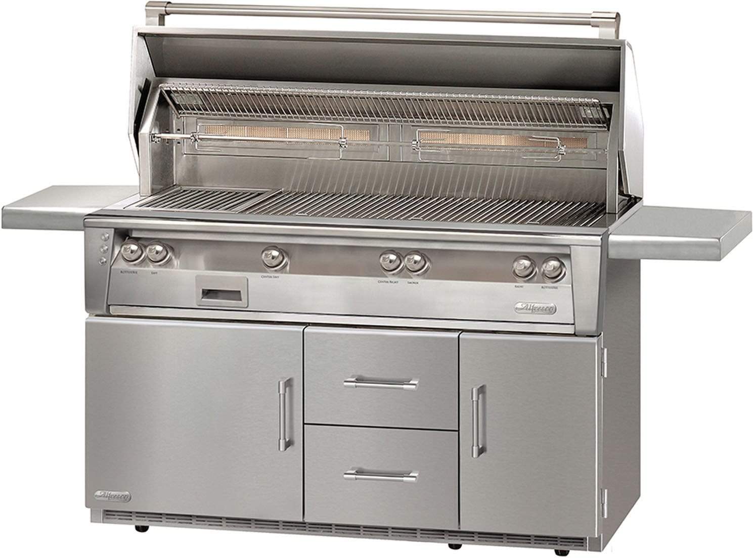 Alfresco Grills Natural Gas Alfresco 56 Inch Grill with Grilling Surface, Three Main Burners, Infrared Sear Zone, Integrated Rotisserie, Smoker and Herb Infuser System, 3-Position Warming Rack, Halogen Lighting and Refrigerated Cart: ALXE-56BFGR