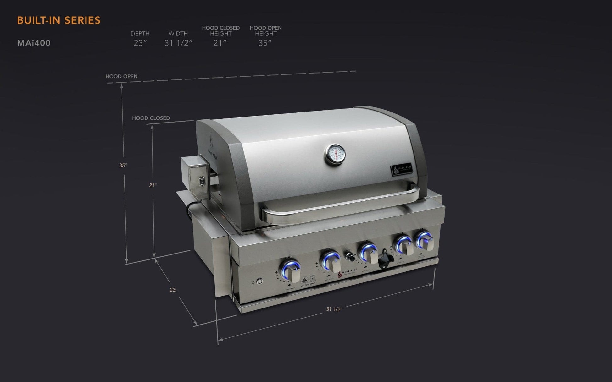 Mont Alpi Grills Mont Alpi 400 Built-In Gas Grill / 4-Burner Grill, Infrared Back Burner, Stainless Steel, Rotisserie Kit / MABi400