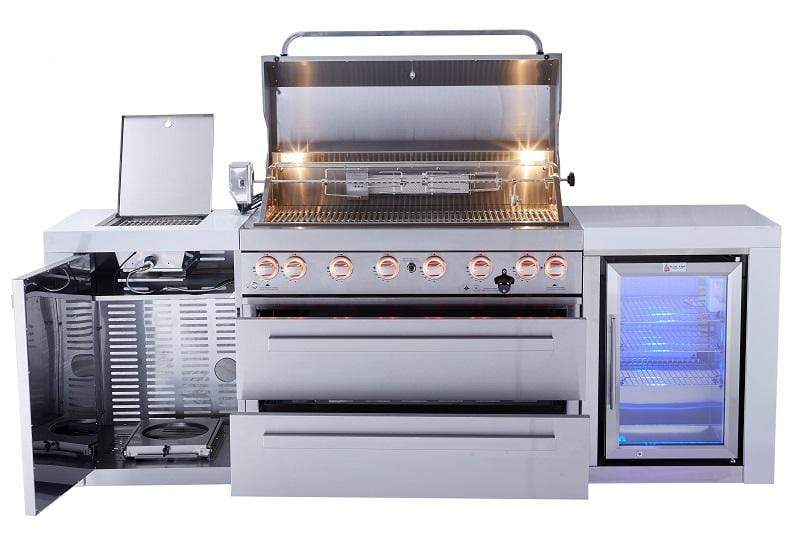 Mont Alpi Island Mont Alpi 805 Deluxe Stainless Steel Island with Fridge Cabinet / 6-Burner Grill, 2 Infrared Burners, Fridge, Waterfall Sides  / MAi805-DFC