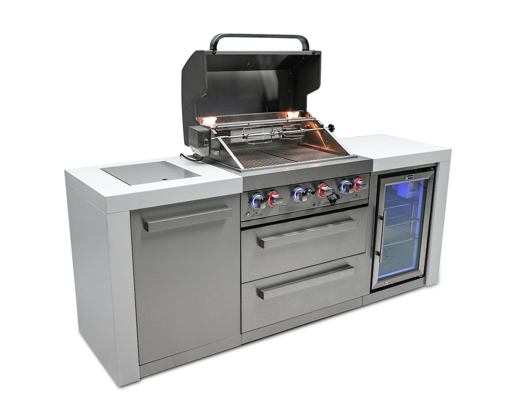 Mont Alpi Islands Mont Alpi 400 Deluxe Island with Fridge Cabinet / 4-Burner Grill, 2 Infrared Burners, Fridge, Stainless Steel, Waterfall Sides / MAi400-DFC