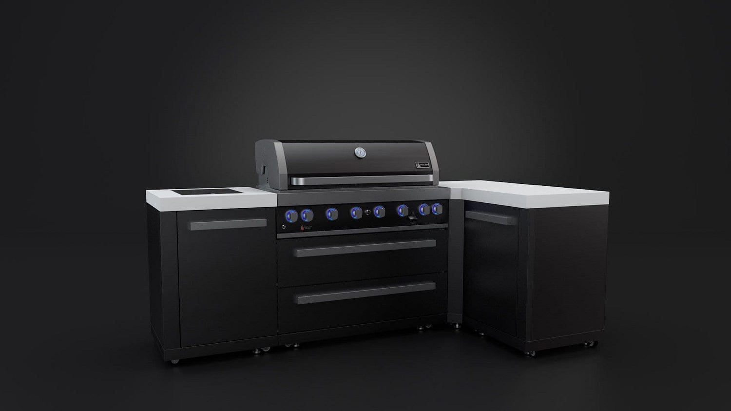 Mont Alpi Islands Mont Alpi 805 Black Stainless Steel Island with 90 Degree Corner / 6-Burner Grill, 2 Infrared Burners, Rotisserie Kit / MAi805-BSS90C