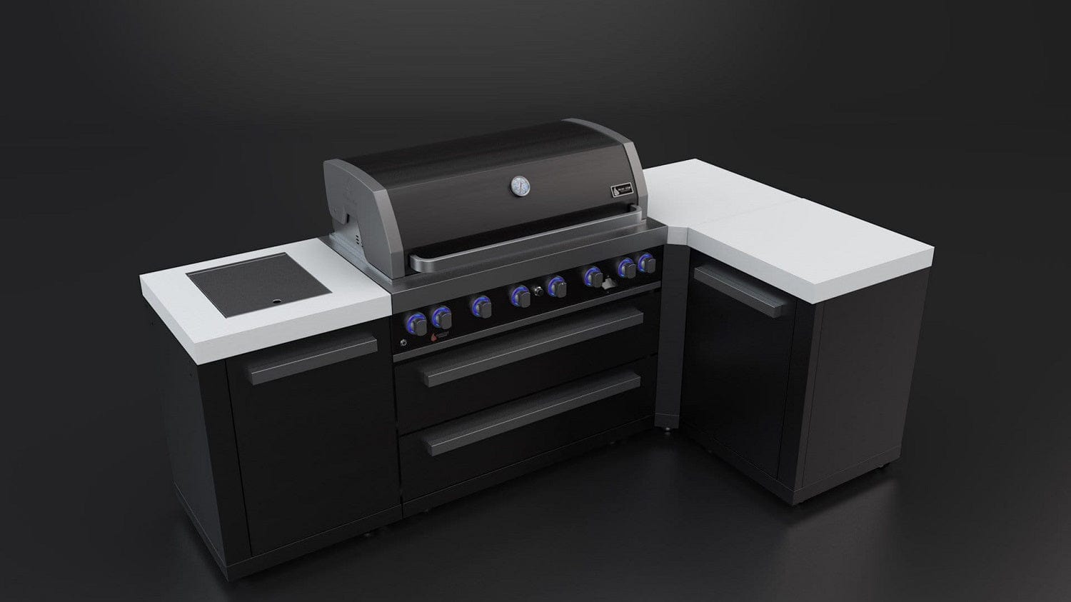 Mont Alpi Islands Mont Alpi 805 Black Stainless Steel Island with 90 Degree Corner / 6-Burner Grill, 2 Infrared Burners, Rotisserie Kit / MAi805-BSS90C