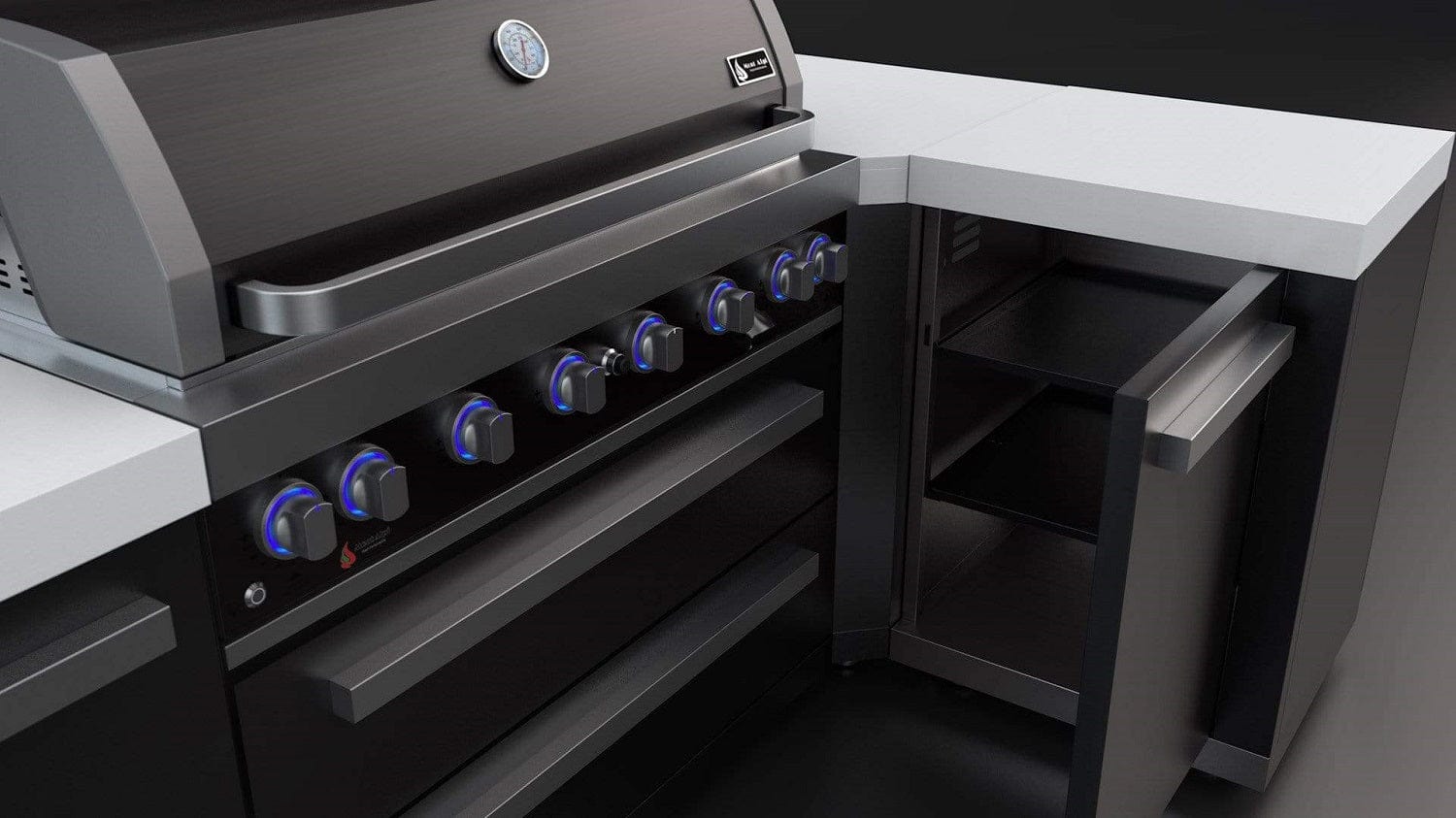 Mont Alpi Islands Mont Alpi 805 Black Stainless Steel Island with 90 Degree Corner / 6-Burner Grill, 2 Infrared Burners, Rotisserie Kit / MAi805-BSS90C