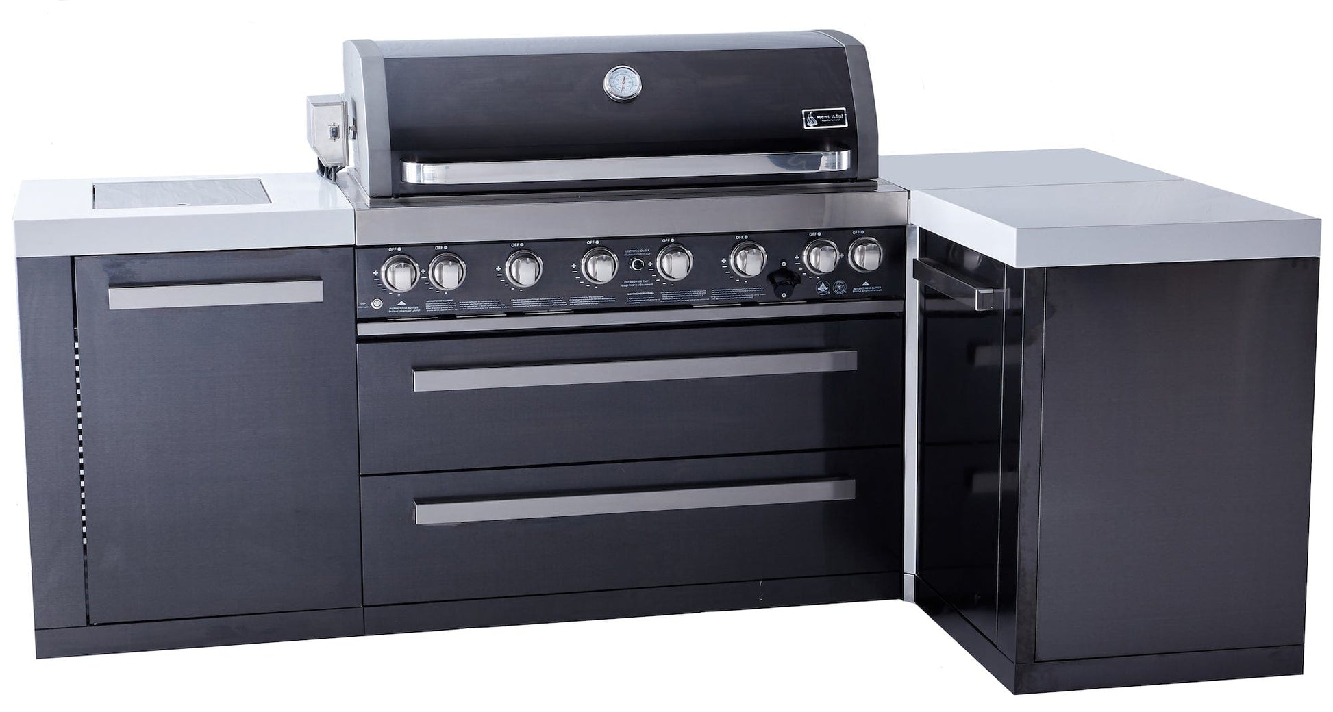 Mont Alpi Islands Mont Alpi 805 Black Stainless Steel Island with 90 Degree Corner / 6-Burner Grill, 2 Infrared Burners, Rotisserie Kit / MAi805-BSS90C
