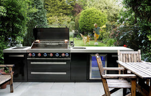 Mont Alpi Islands Mont Alpi 805 Black Stainless Steel Island with Beverage Center / 6-Burner Grill, 2 Infrared Burners, Sink, Fridge / MAi805-BSSBEV