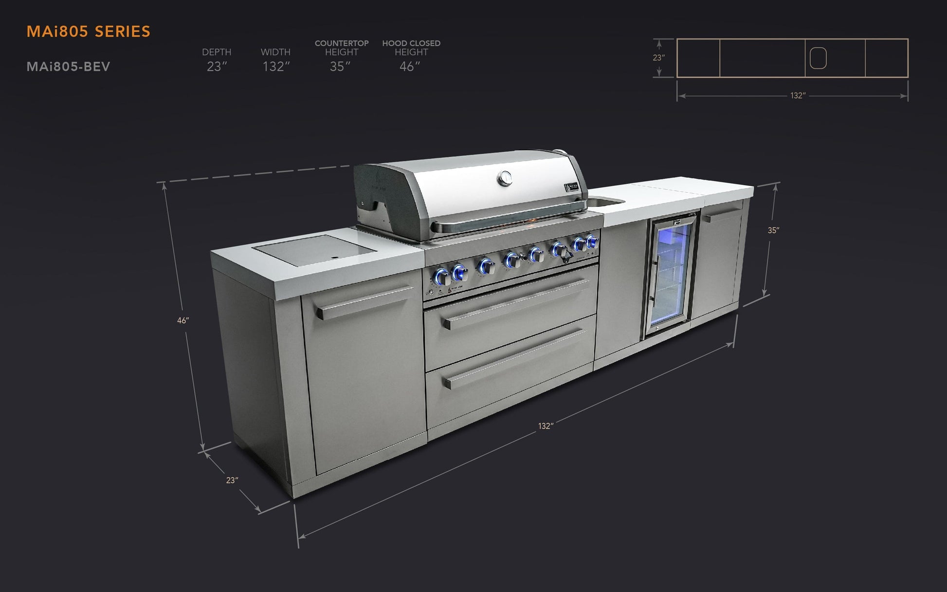 Mont Alpi Islands Mont Alpi 805 Island with Beverage Center / 6-Burner Grill, 2 Infrared Burners, Sink, Fridge, Stainless Steel  / MAi805-BEV