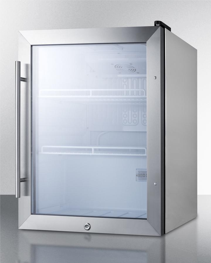 Summit Refrigeration + Cooling Summit Commercially Approved Outdoor Countertop Beverage Cooler Designed for the Display and Refrigeration of Beverages or Sealed Food, with Reversible Stainless Steel Trimmed Glass Door, Stainless Steel Wrapped Cabinet, and Front Lock / SPR314LOSCSS
