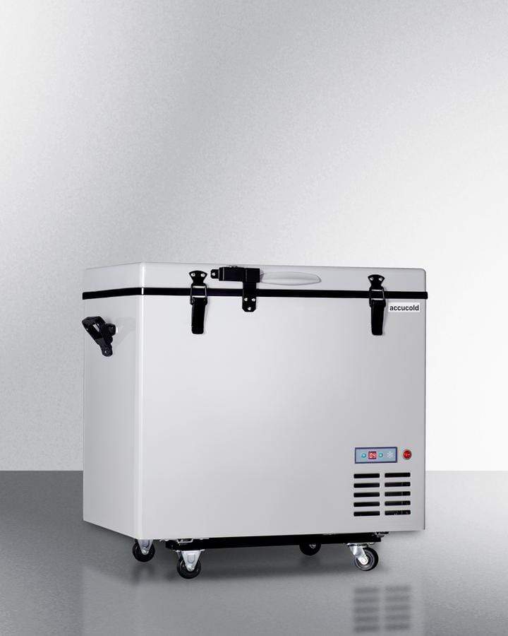 Summit Refrigeration + Cooling Summit Portable 12V/24V Cooler Capable of Operation as Refrigerator (2-8°C) or Freezer (-12°C), with Insulated Cover, Interior Wire Basket, Factory-Installed Lock, Strap Handle, and Four Pre-Installed Wheels / SPRF86M2