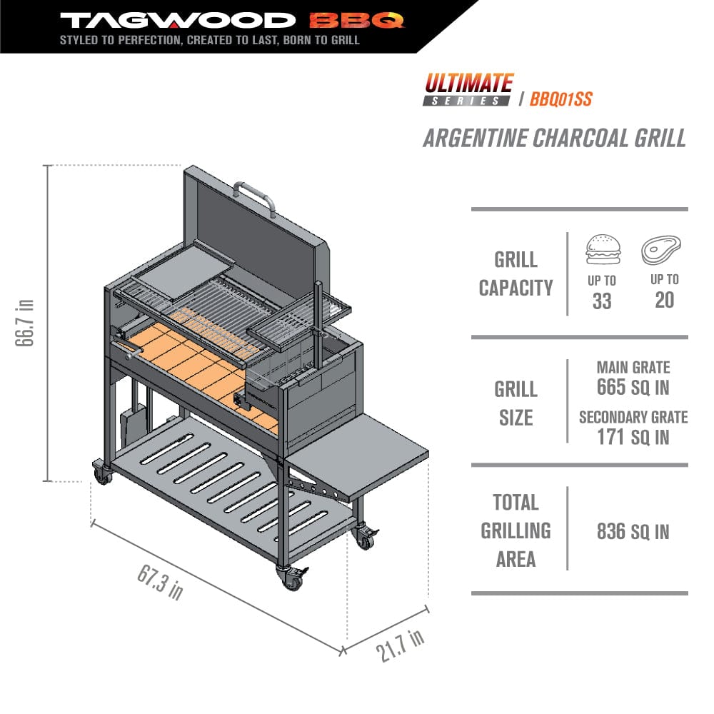 Tagwood Grills Tagwood BBQ Ultimate Series Argentine Santa Maria Wood Fire &amp; Charcoal Freestanding Grill with Top Lid | 836 sq. in. of total grilling area | BBQ01SS