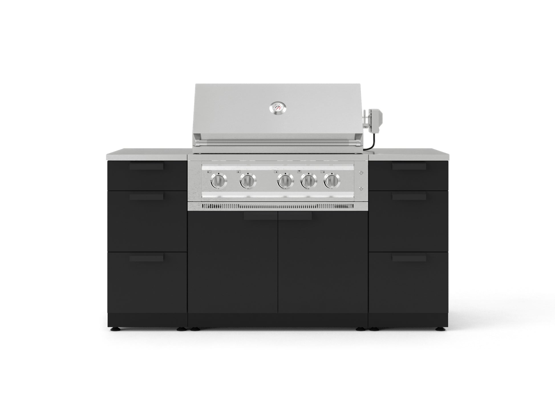 Stainless steel gas grill with 4 burners, open lid, modular outdoor kitchen and storage for backyard entertaining.