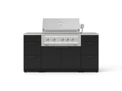 Stainless steel gas grill with 4 burners, open lid, modular outdoor kitchen and storage for backyard entertaining.