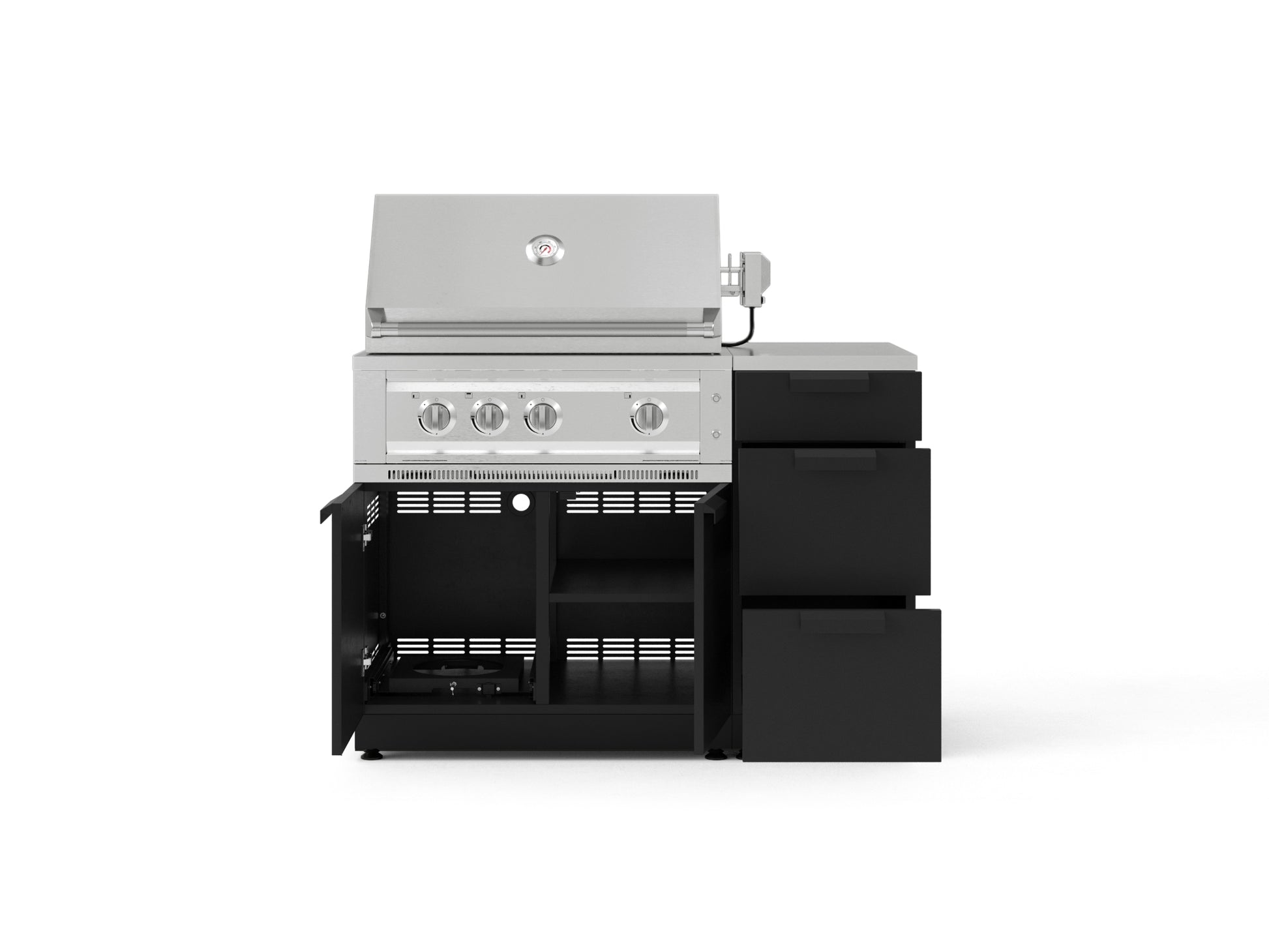 Stainless steel gas grill with open lid, four burners, and modular outdoor kitchen storage units.