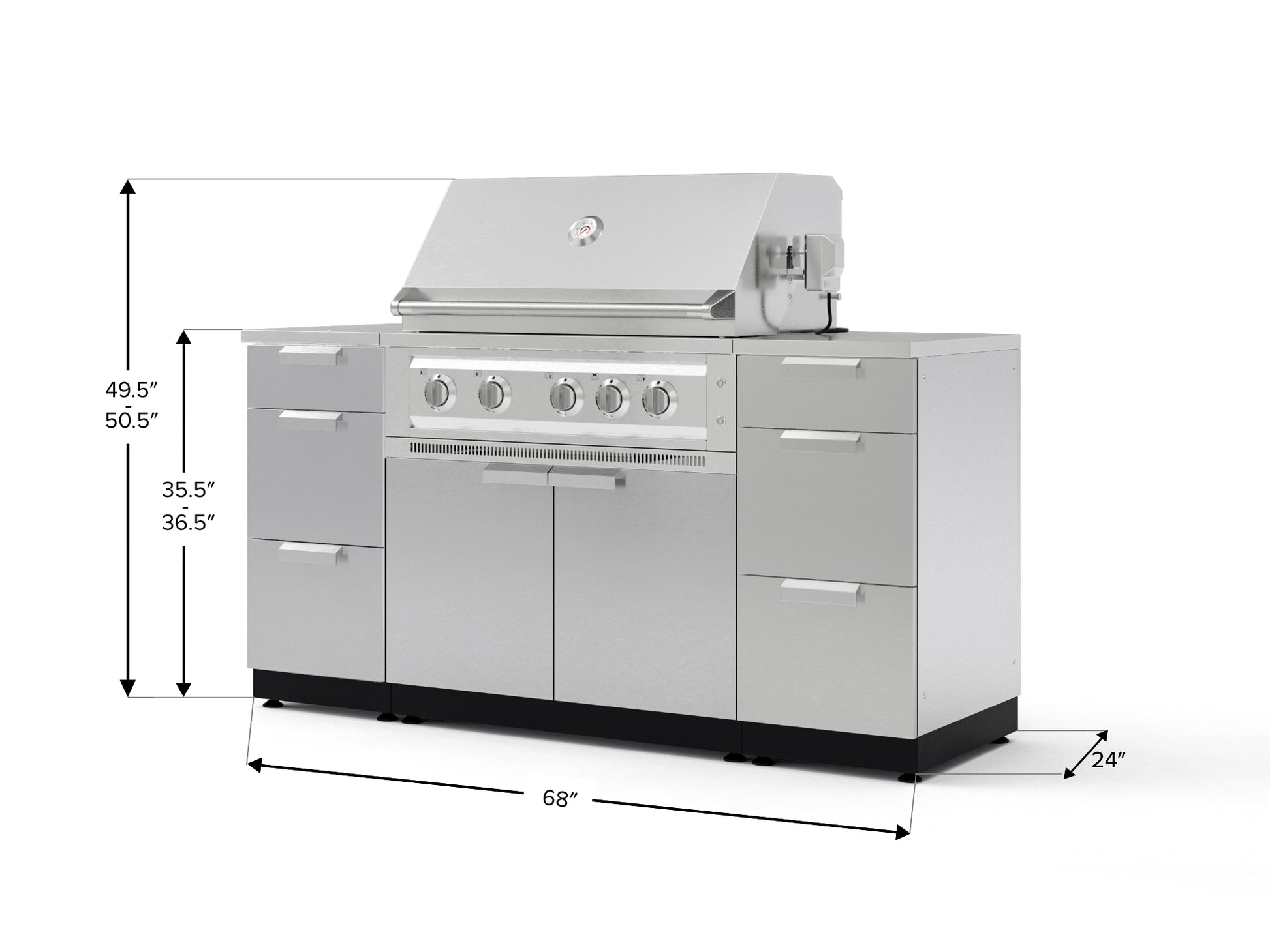 Stainless steel outdoor grill with cabinet, open lid, labeled modular kitchen dimensions for premium setup.