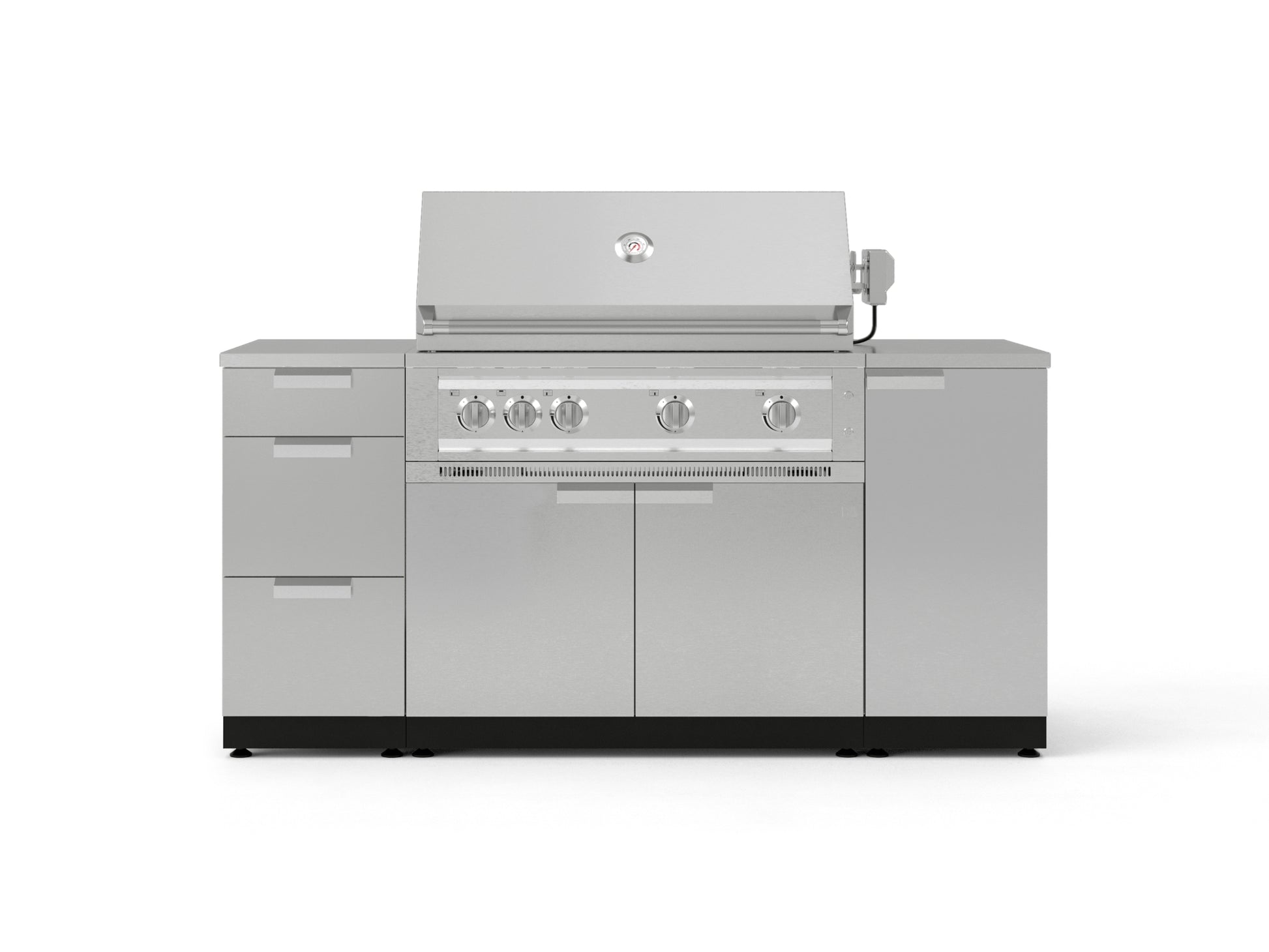 Premium stainless steel outdoor grill with four burners, storage cabinets, and open lid—ideal for luxury kitchens.