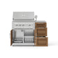 Premium stainless steel outdoor grill with three burners, modular cabinets, and right-side wood drawers.
