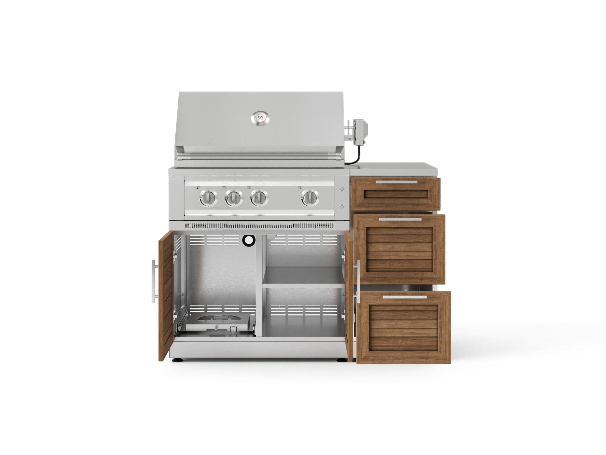 Premium stainless steel outdoor grill with three burners, modular cabinets, and right-side wood drawers.