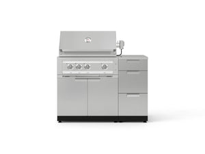 Premium stainless steel outdoor gas grill with 4 burners and modular storage drawers, perfect for luxury kitchens.