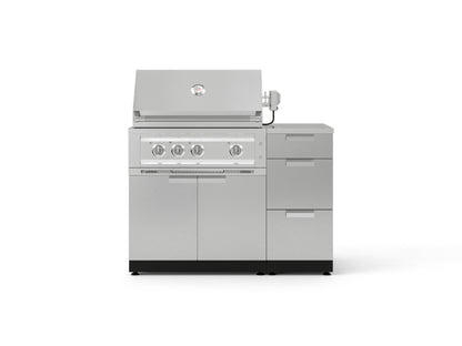 Premium stainless steel outdoor gas grill with 4 burners and modular storage drawers, perfect for luxury kitchens.