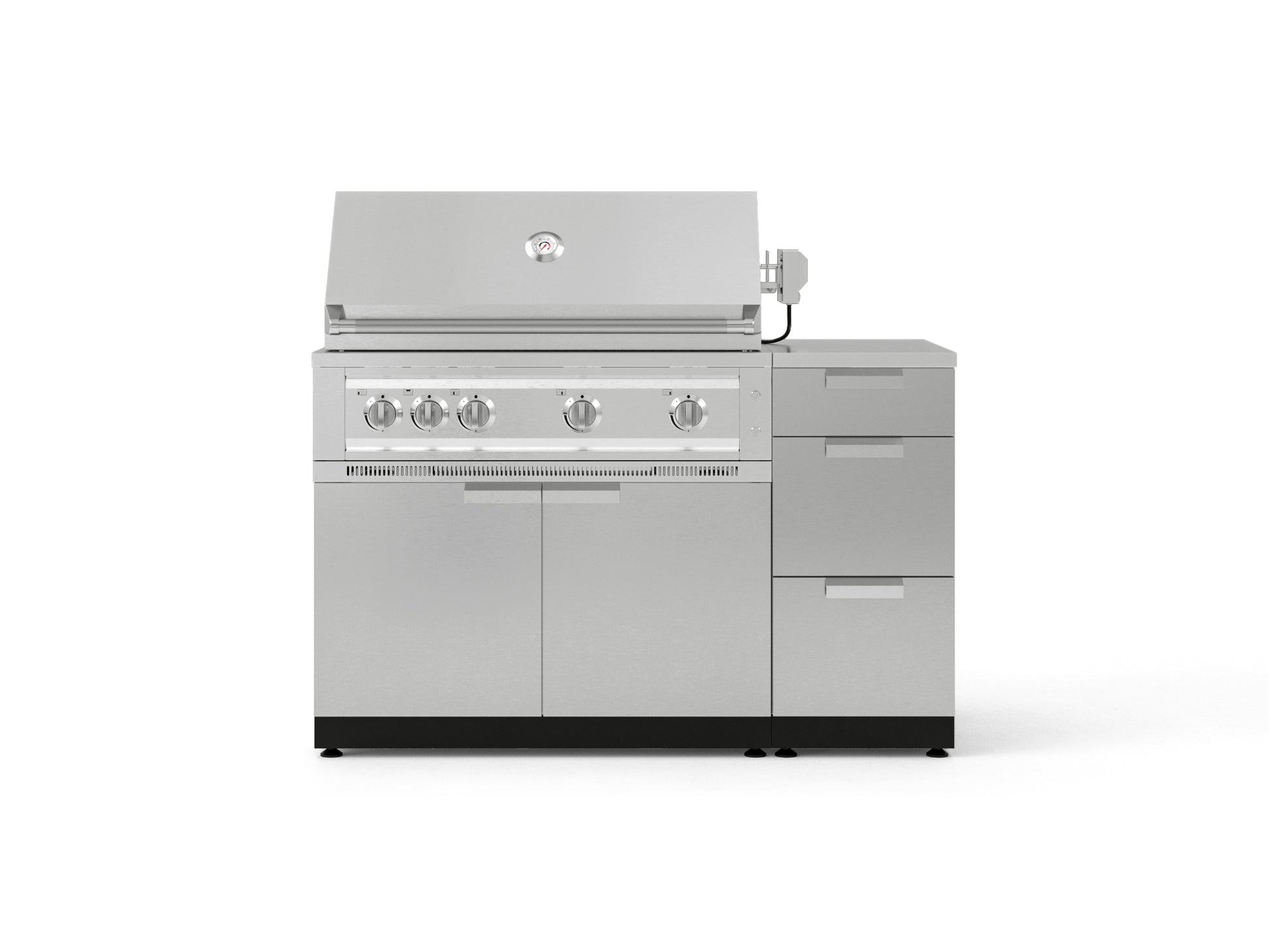 Premium stainless steel outdoor gas grill with four burners, open lid, and integrated kitchen storage drawers.