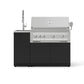 Premium black and silver modular outdoor kitchen with 4 burners, side sink, and stainless steel cabinets.