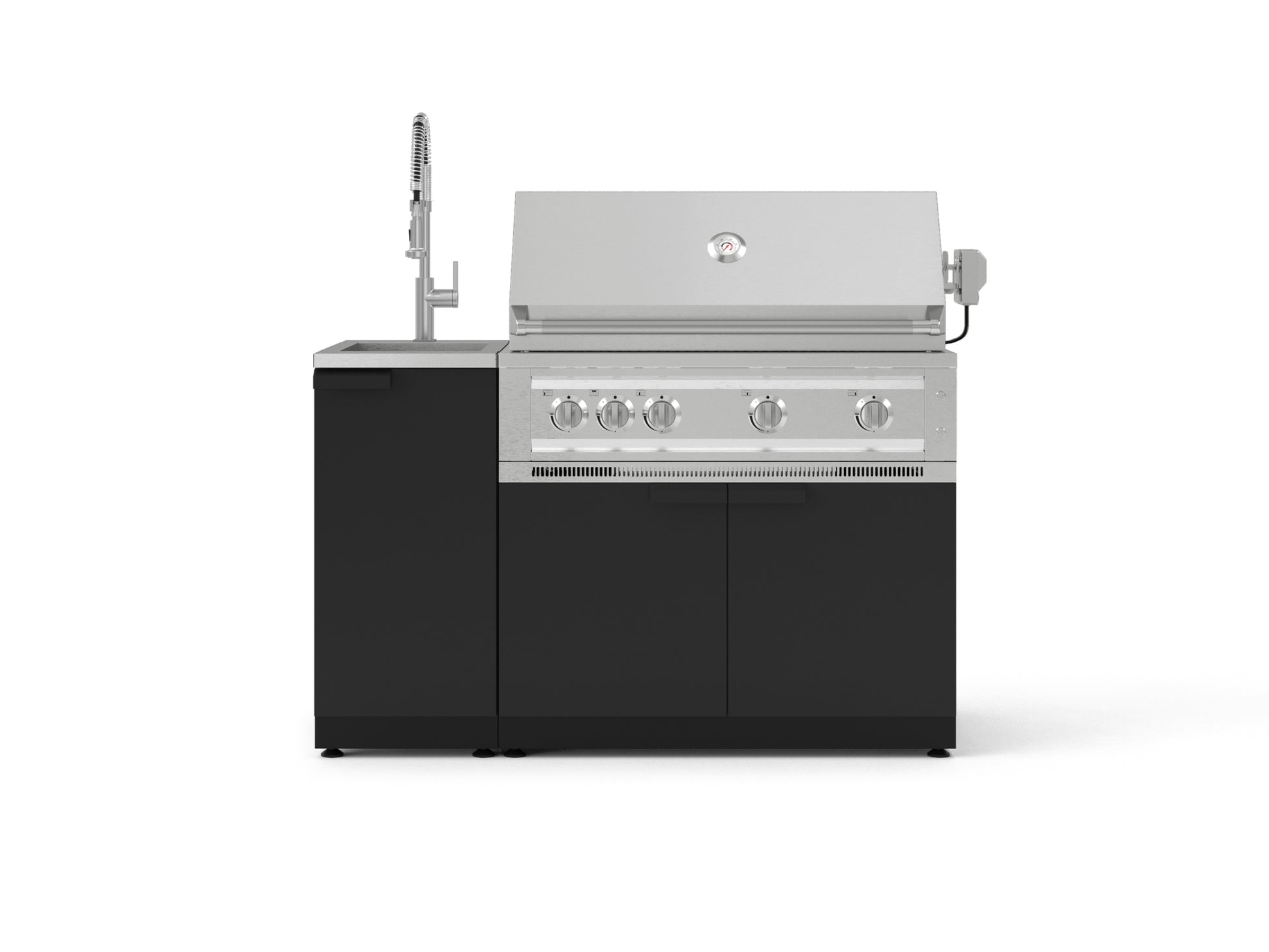 Premium black and silver modular outdoor kitchen with 4 burners, side sink, and stainless steel cabinets.