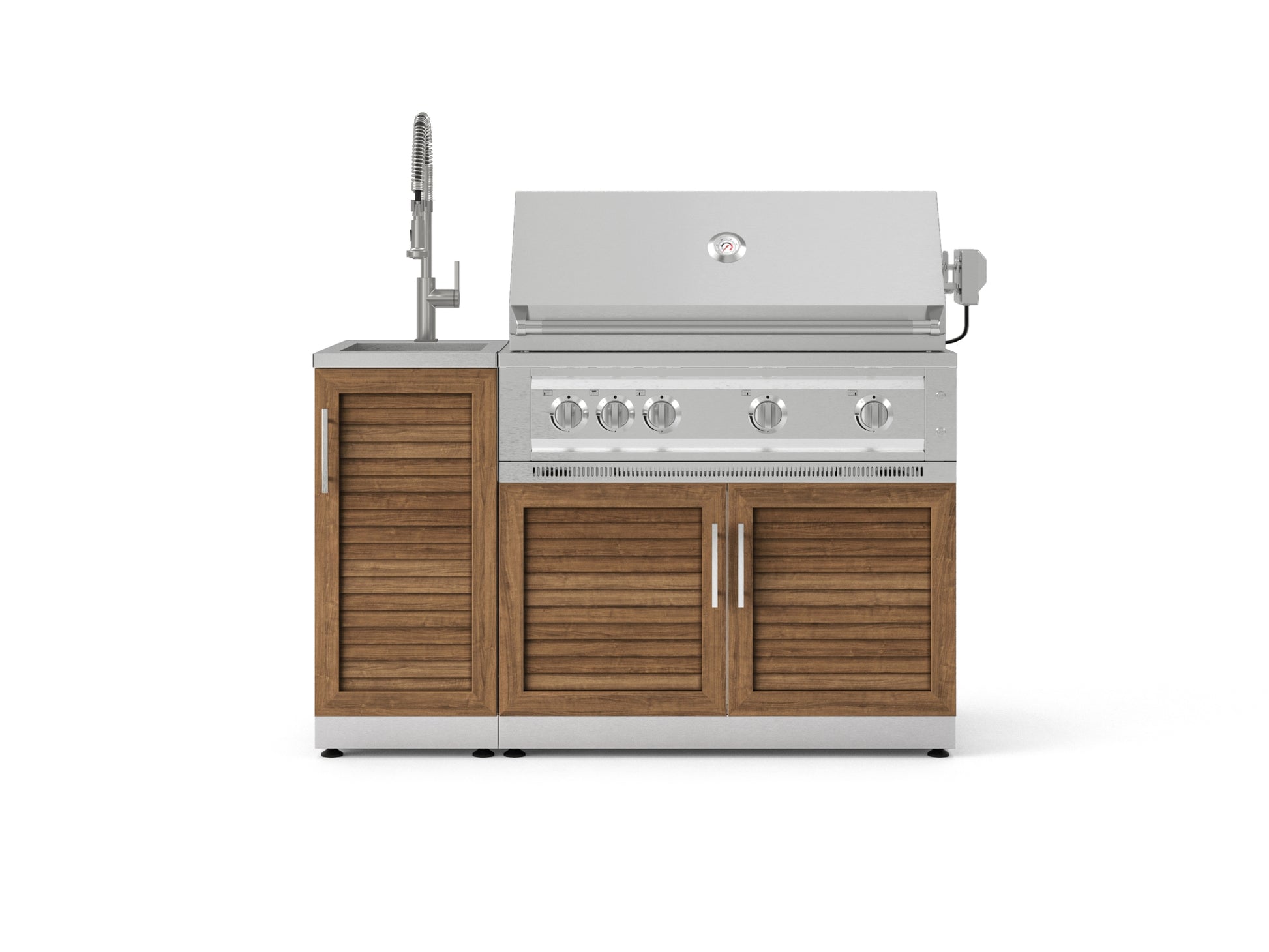 Stainless steel outdoor grill with modular cabinets, built-in sink, and sleek finish, ideal for premium backyards.
