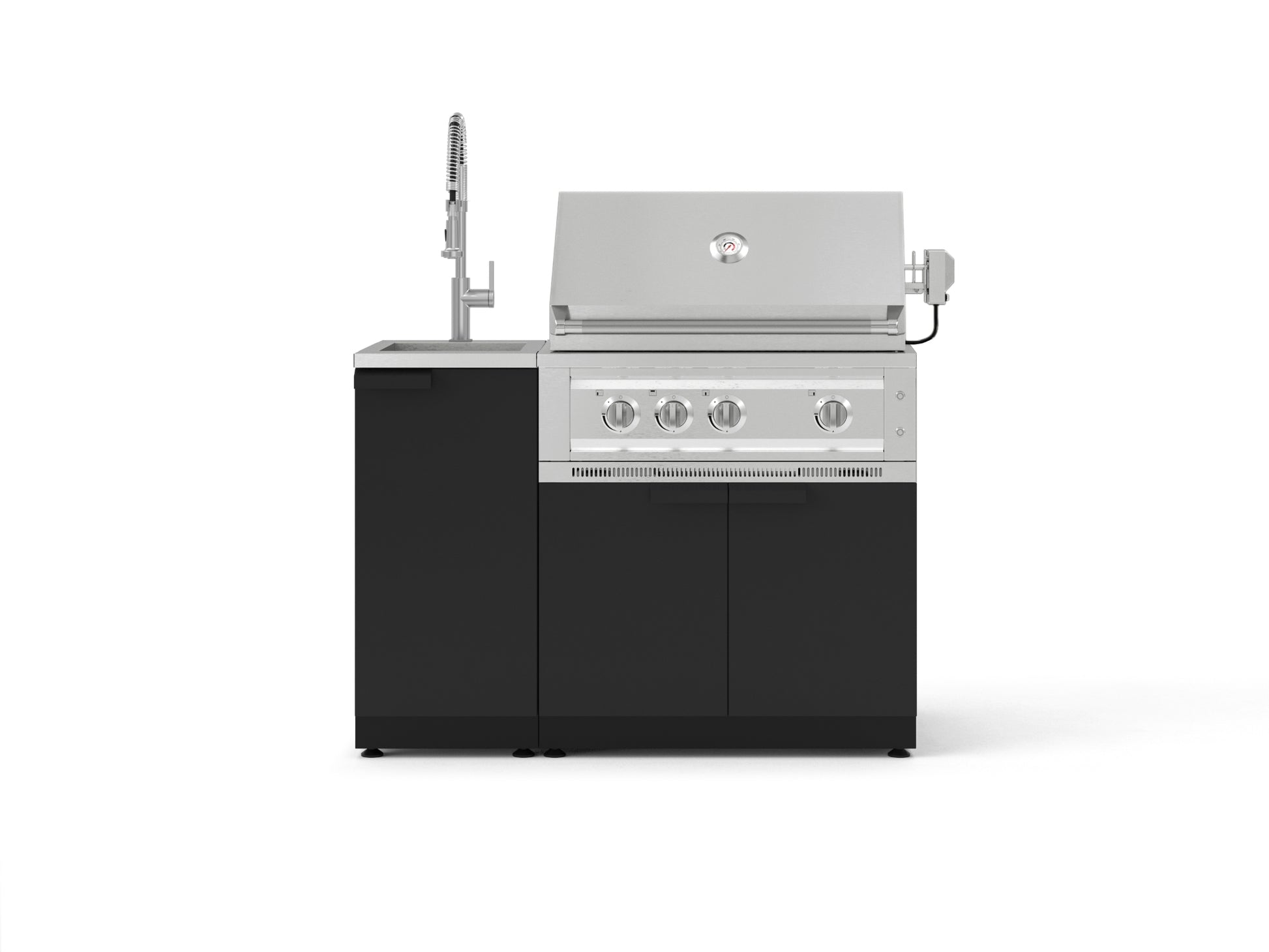 Premium black and silver gas grill with 4 burners, side sink, and lift-up lid—ideal for luxury outdoor kitchens.