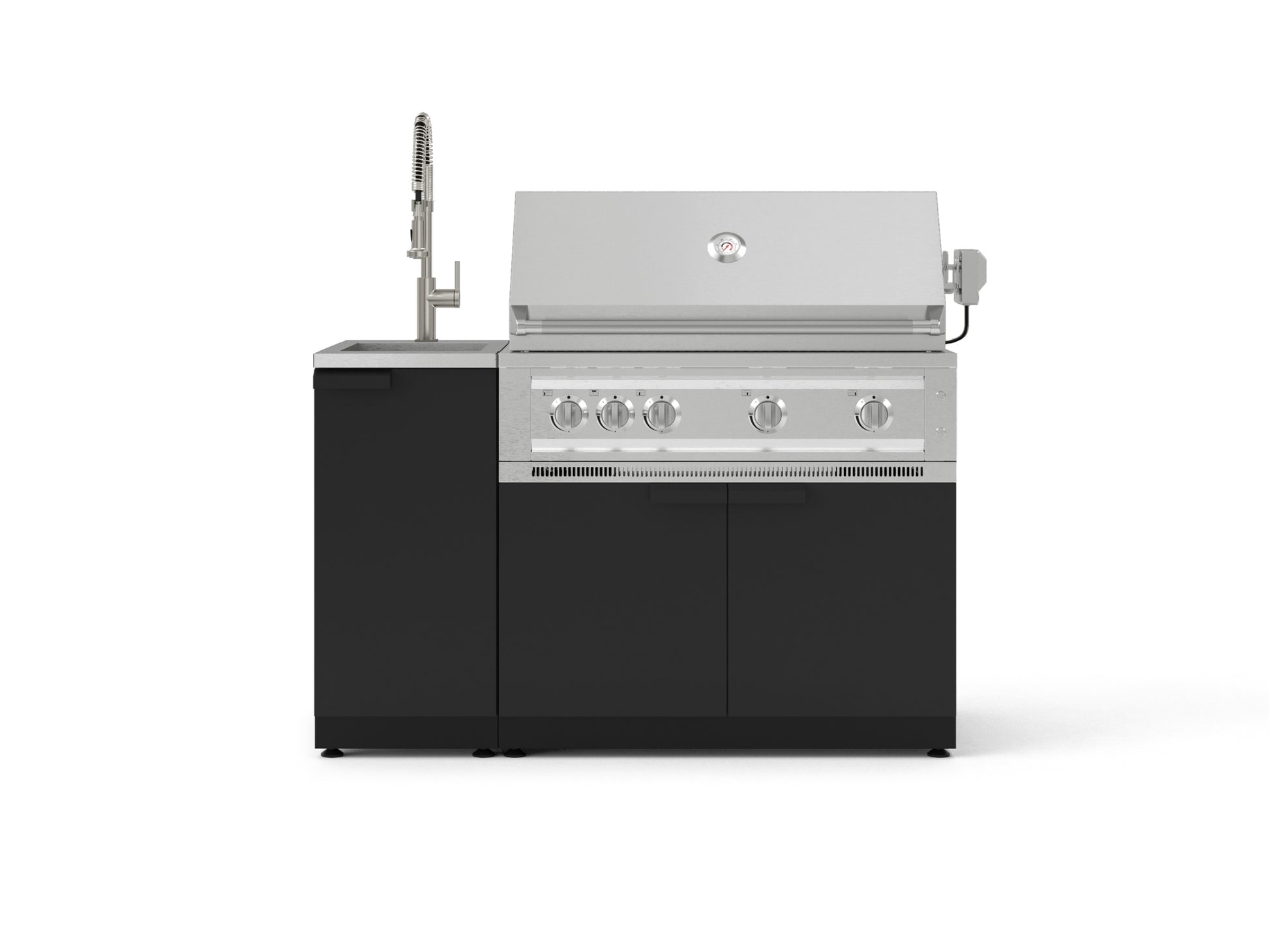 Premium modern outdoor grill with modular kitchen, built-in sink, and sleek black base on white background.