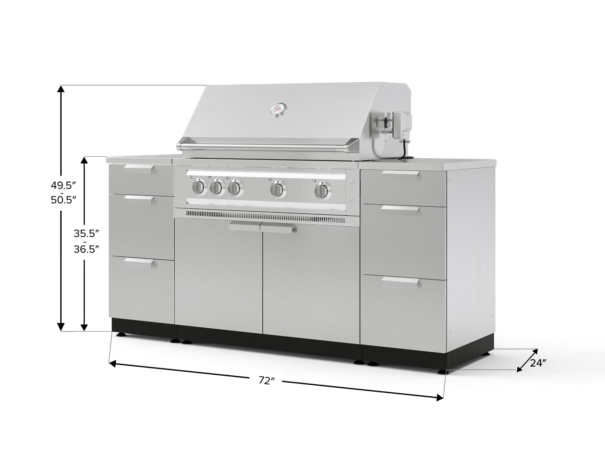 Premium stainless steel outdoor grill with closed lid, modular cabinet, and visible dimensions for easy planning.