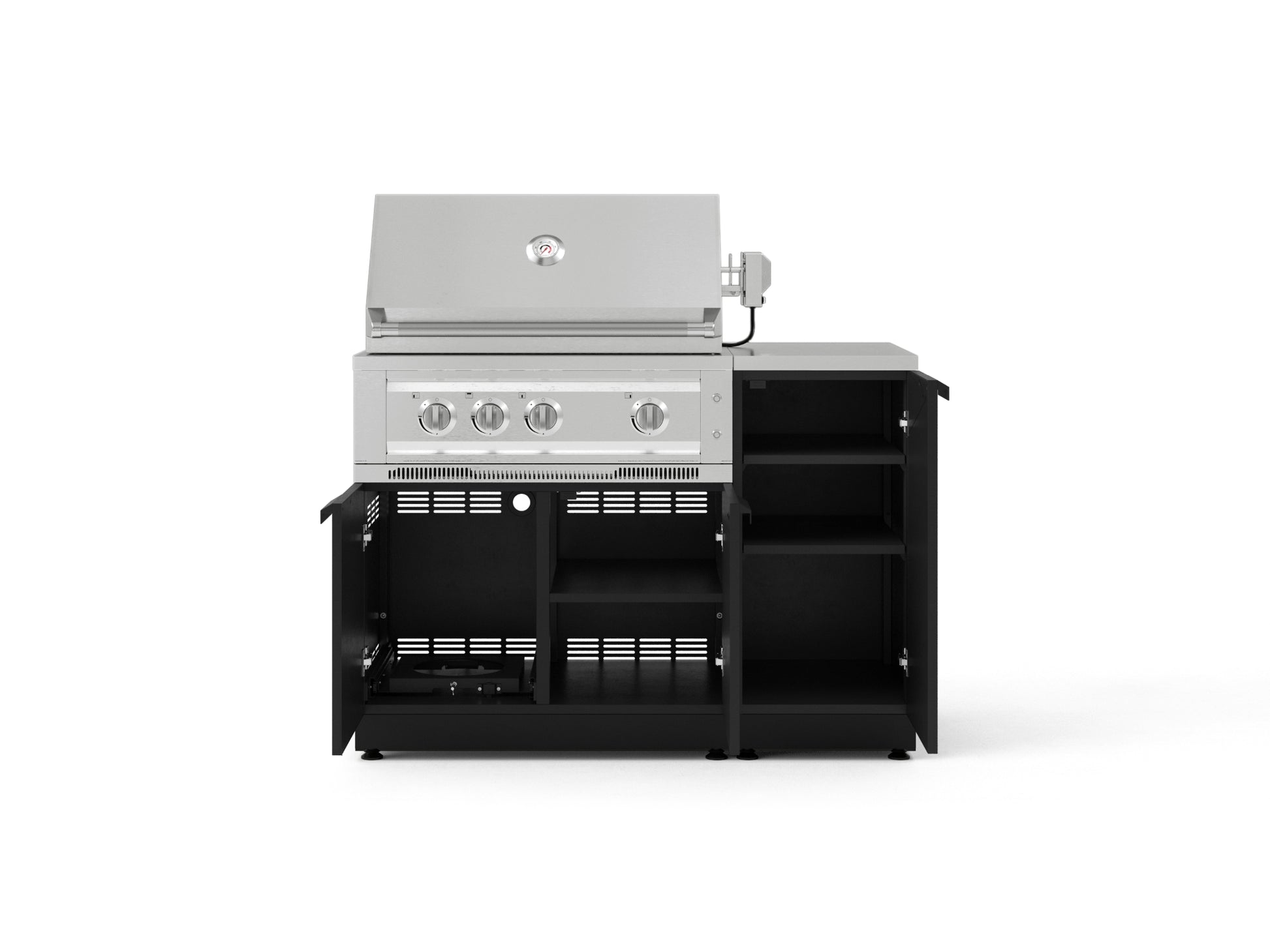 Premium 304 stainless-steel gas grill with modular cabinets and shelves, shown with sleek outdoor kitchen finish.