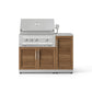 Stainless steel grill with three control knobs, 304 SS finish, open lid, and outdoor kitchen cabinets.