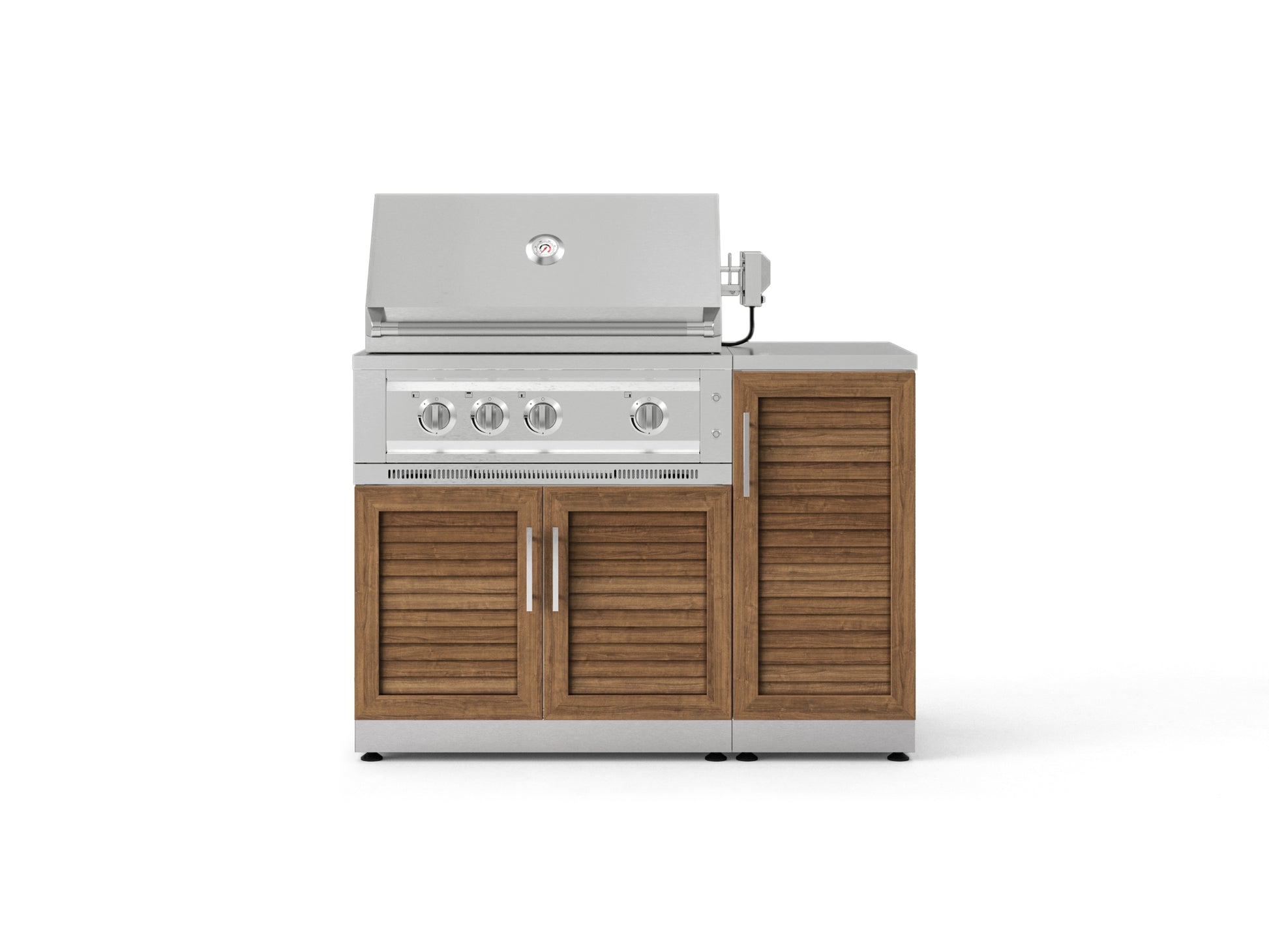 Stainless steel grill with three control knobs, 304 SS finish, open lid, and outdoor kitchen cabinets.