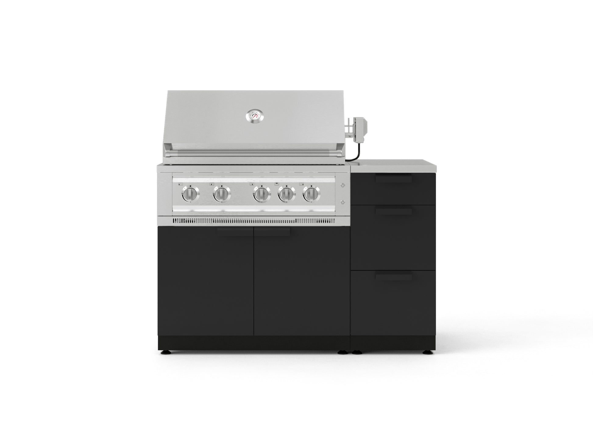 Stainless steel outdoor gas grill with cabinets, perfect for modern modular kitchens. Durable premium finish.