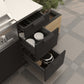 Three NewAge black outdoor kitchen cabinets open to reveal ample storage for utensils and cookware beside a sleek stove.
