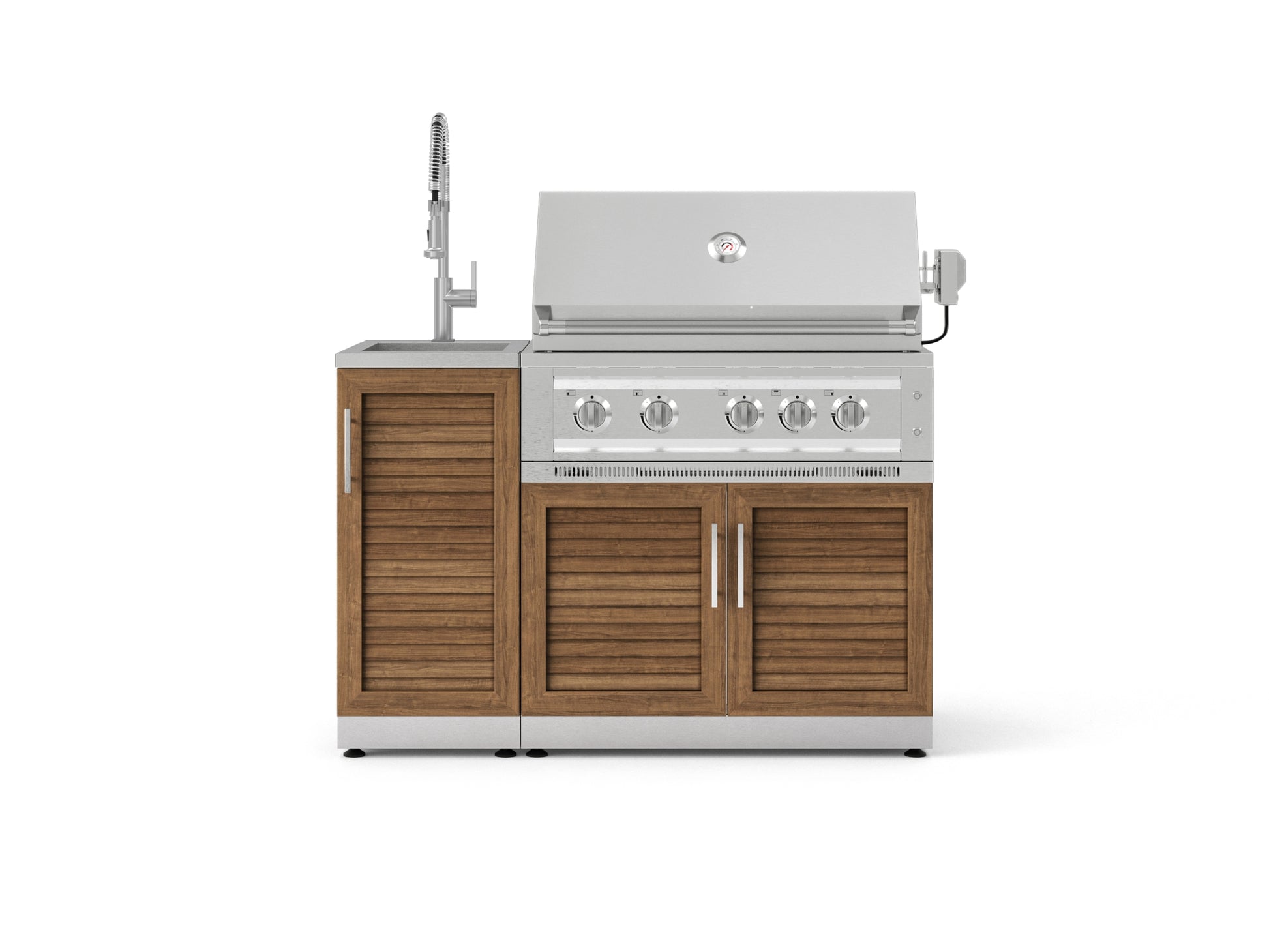 Premium outdoor grill with modular cabinets, stainless steel sink, and four knobs; sleek finish for luxury kitchens.