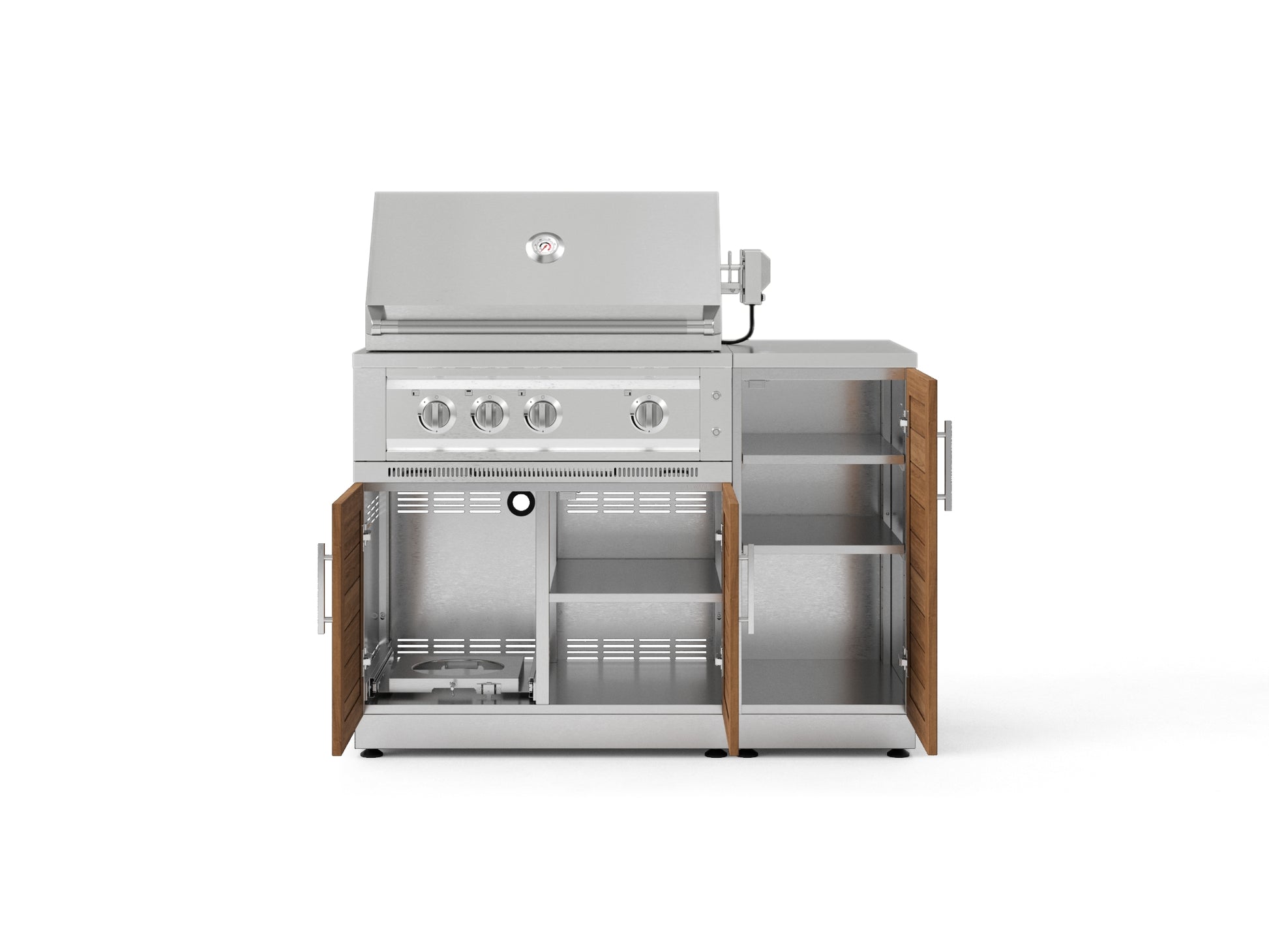 304 stainless steel grill with four burners, modular cabinets, and built-in storage shelves for outdoor kitchens.