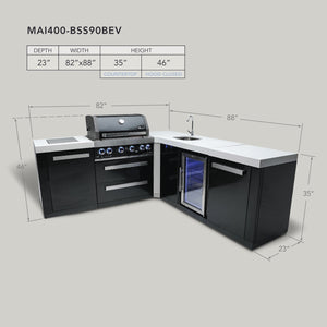 Mont Alpi 400 Black Stainless Steel Island with Beverage Center and 90 Degree Corner | 4-Burner Grill, Sink, Fridge | MAi400-BSS90BEV