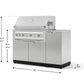 Premium 304 stainless steel grill with closed lid, cabinet base, and integrated modular kitchen measurements shown.