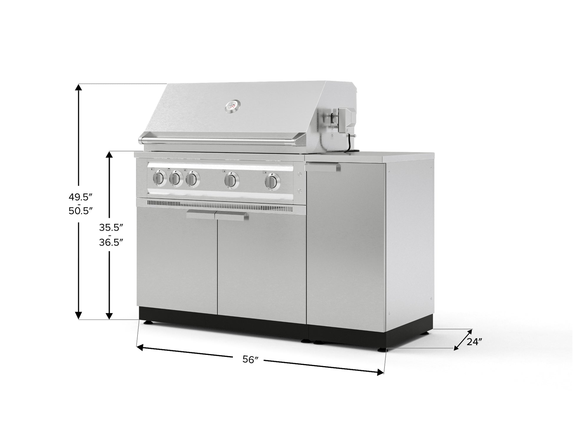 Premium 304 stainless steel grill with closed lid, cabinet base, and integrated modular kitchen measurements shown.