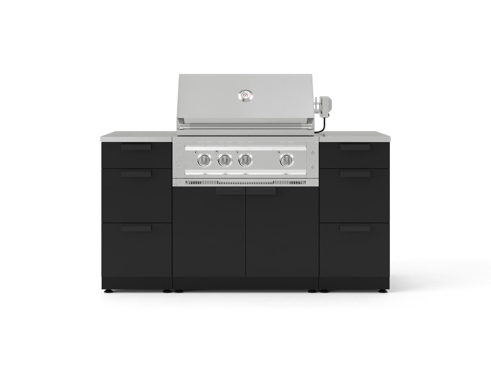 Stainless steel gas grill with 4 burners, black cabinets; perfect for modular outdoor kitchens.
