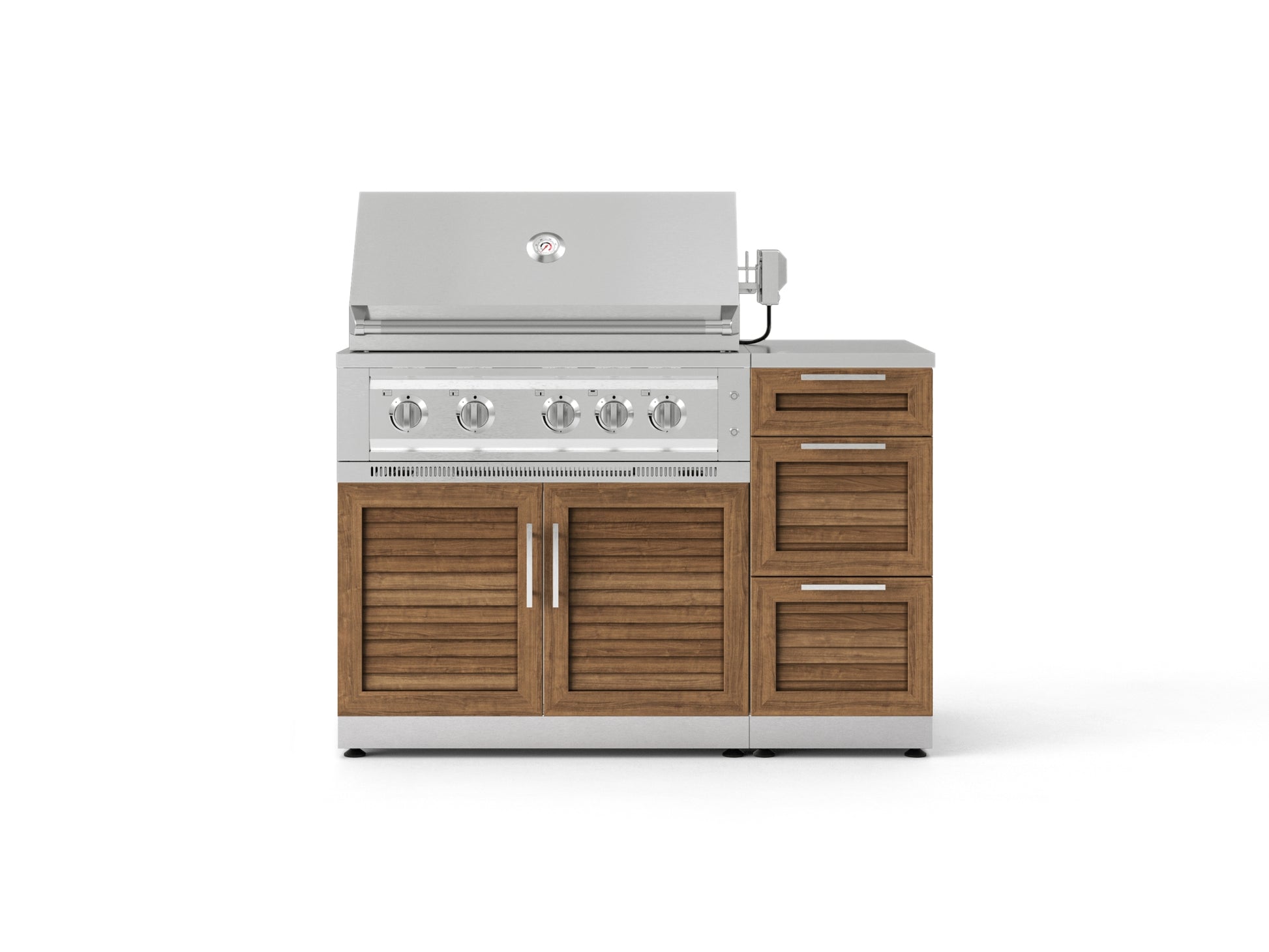 Stainless steel gas grill with four burners and wooden base, ideal for upscale modular outdoor kitchens.