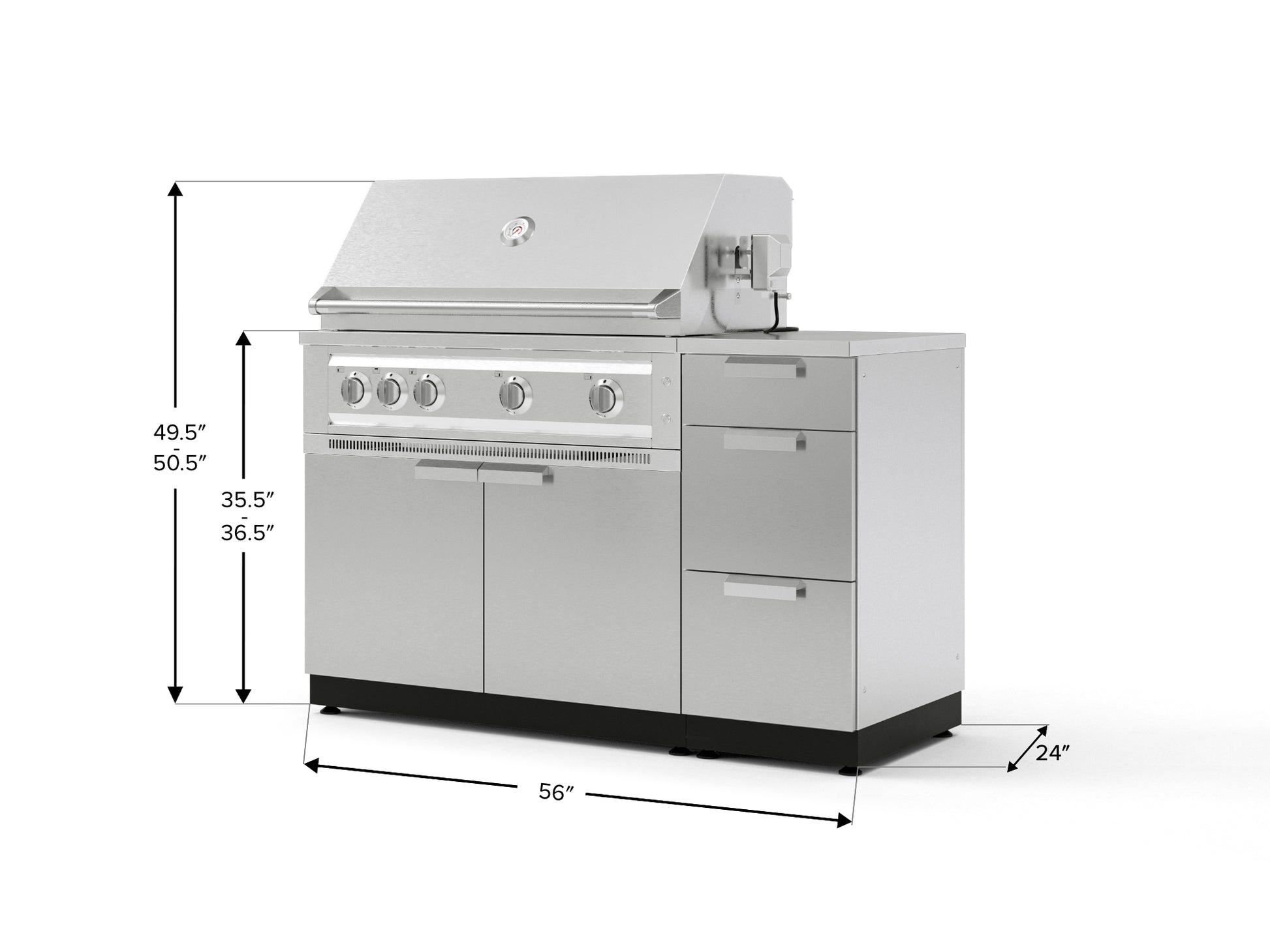 Premium stainless steel outdoor grill with drawers, cabinet, and modular kitchen layout measurement lines.