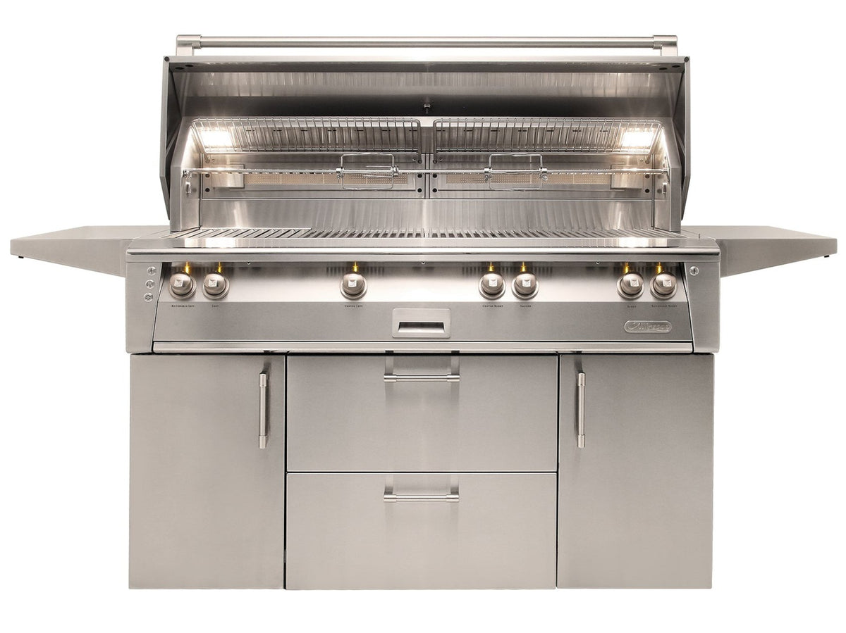 Alfresco 56” Freestanding Cart Luxury Gas ALL-GRILL with SearZone / Stainless Steel, 18SR Burners, Smoker, Infrared Rear Burner, Rotisserie, Cover / ALXE-56BFGC