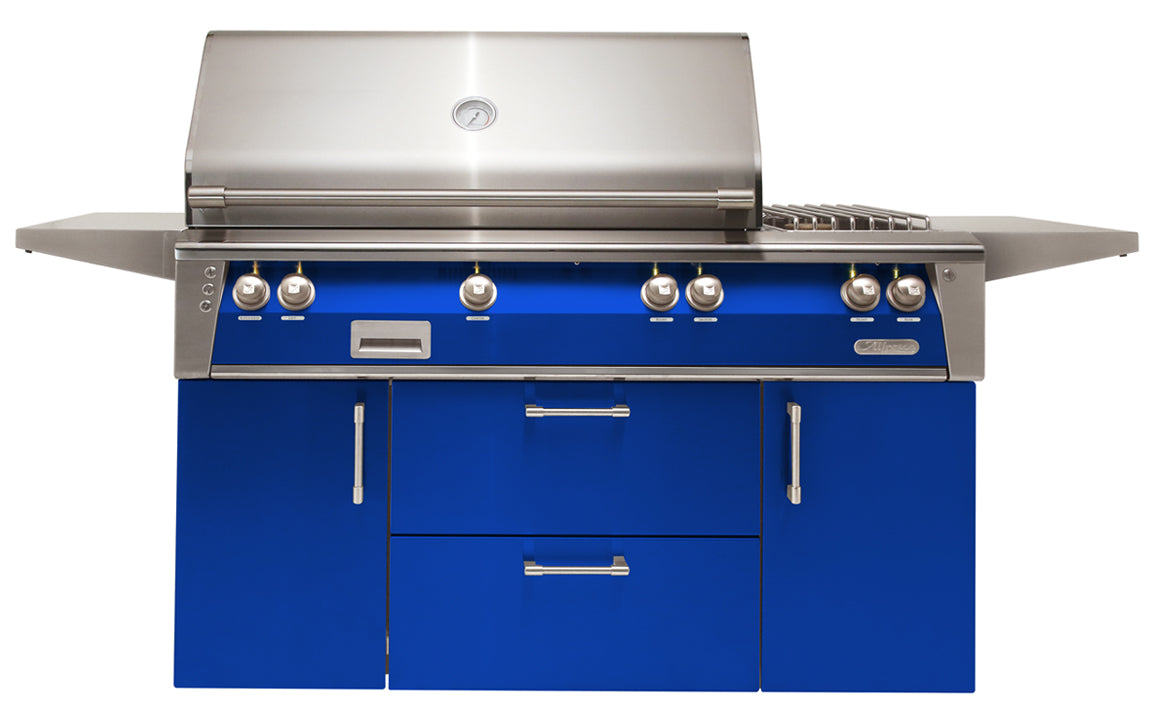 Alfresco 56” Deluxe Freestanding Cart Luxury Gas Grill / Stainless Steel, 18SR Burners, Smoker, Infrared Rear Burner, Dual Side Burner, Rotisserie, Cover / ALXE-56C