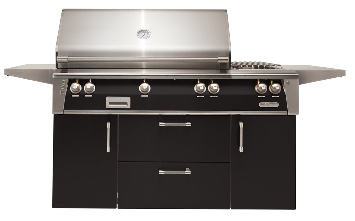 Alfresco 56” Deluxe Freestanding Cart Luxury Gas Grill / Stainless Steel, 18SR Burners, Smoker, Infrared Rear Burner, Dual Side Burner, Rotisserie, Cover / ALXE-56C