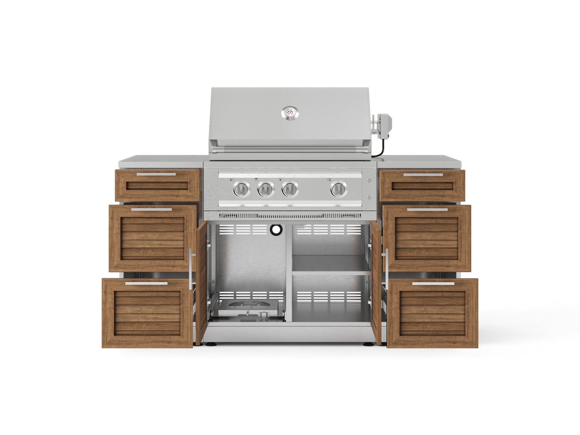 Stainless steel outdoor grill with 6 open cabinets, raised lid, and sleek finish—ideal for stylish outdoor kitchens.