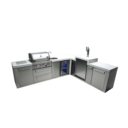 Mont Alpi 400 Classic Island with 90 Degree Corner, Beverage Center, and Kegerator | 4-Burner Grill, Sink, Fridge, Stainless Steel | MAi400-90KEGBEV