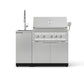 Premium stainless steel outdoor grill with 4 burners, side sink, and modular kitchen cabinets below.